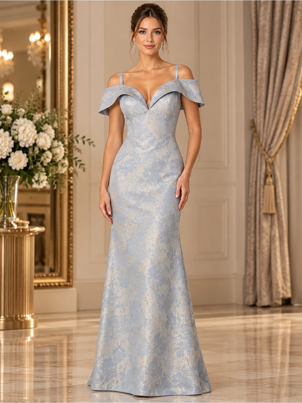 Rina di Montella Size 10 Light Blue Metallic Jacquard Formal Gown